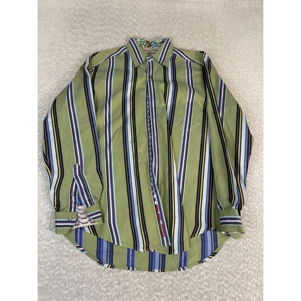 Robert Graham Shirt Mens Medium Green Stripe Long Sleeve Button Front Casual‎